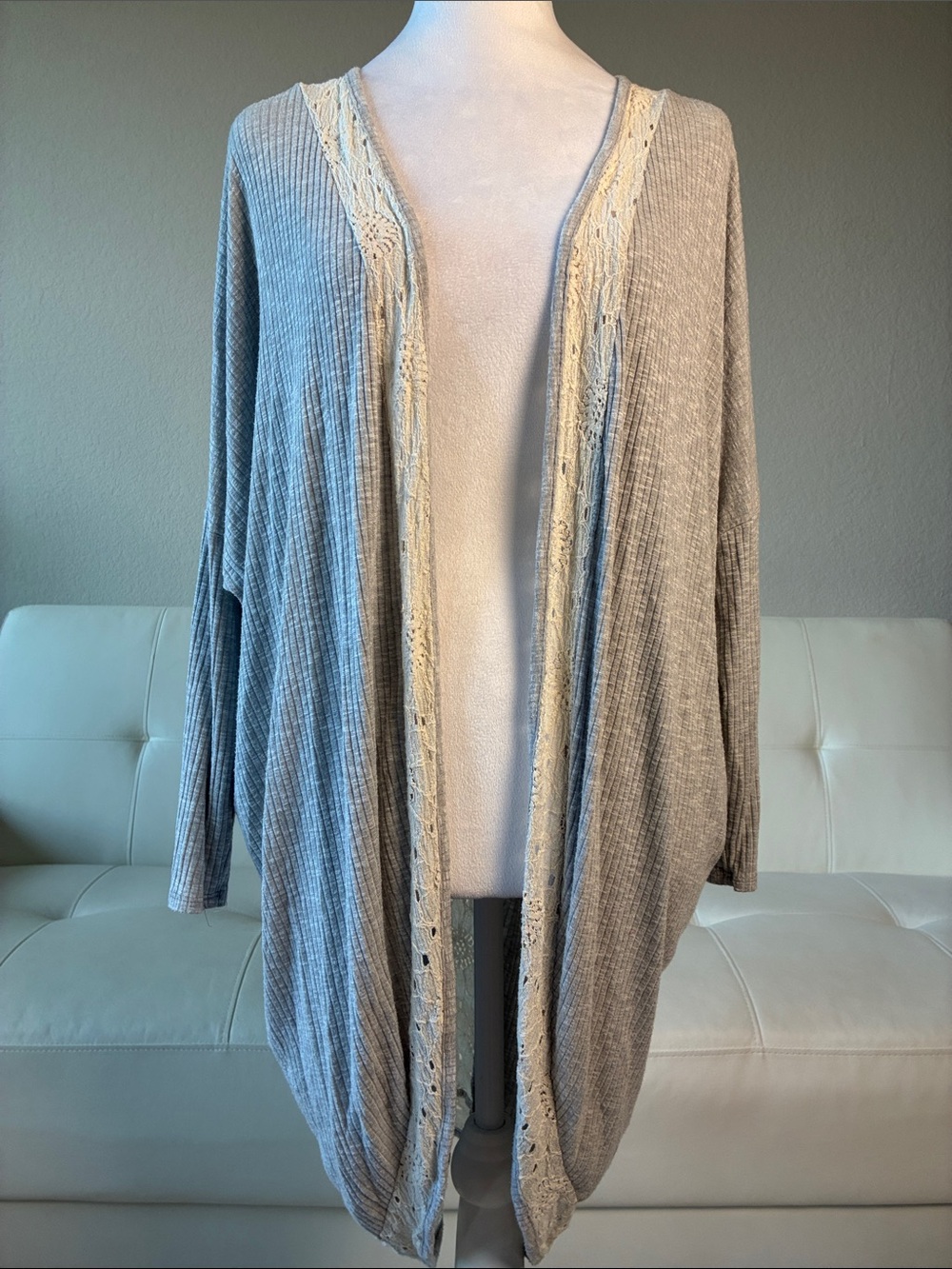 Alya Light Gray Open-Front Women's Sweater Cardigan with Floral Lace Accents